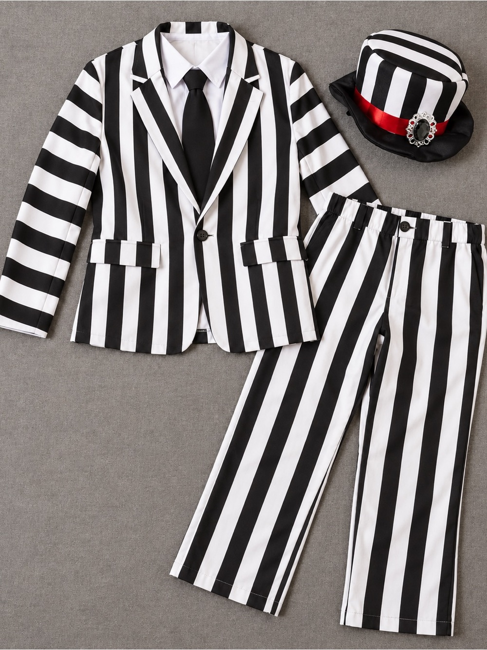 Rubie’s Beetlejuice Men’s Striped Suit + Women’s Mini Top Hat Couples Set